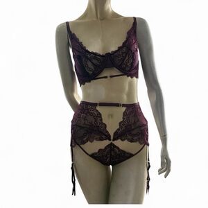 Oh La La Cheri  2pc Eyelash Lace Bra & Garter Panty Set- NWT-Xl